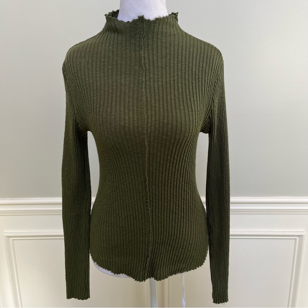 T.La Anthropologie Forest Green Cotton Stretch Ribbed Long Sleeve Top Size XS/S